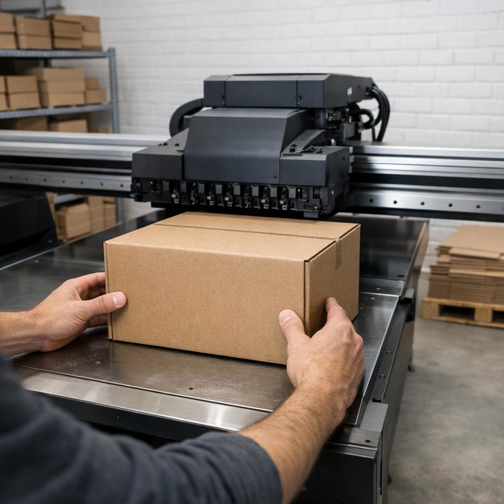 Dozen met logo bedrukken: doos onder de printer tijdens het drukken