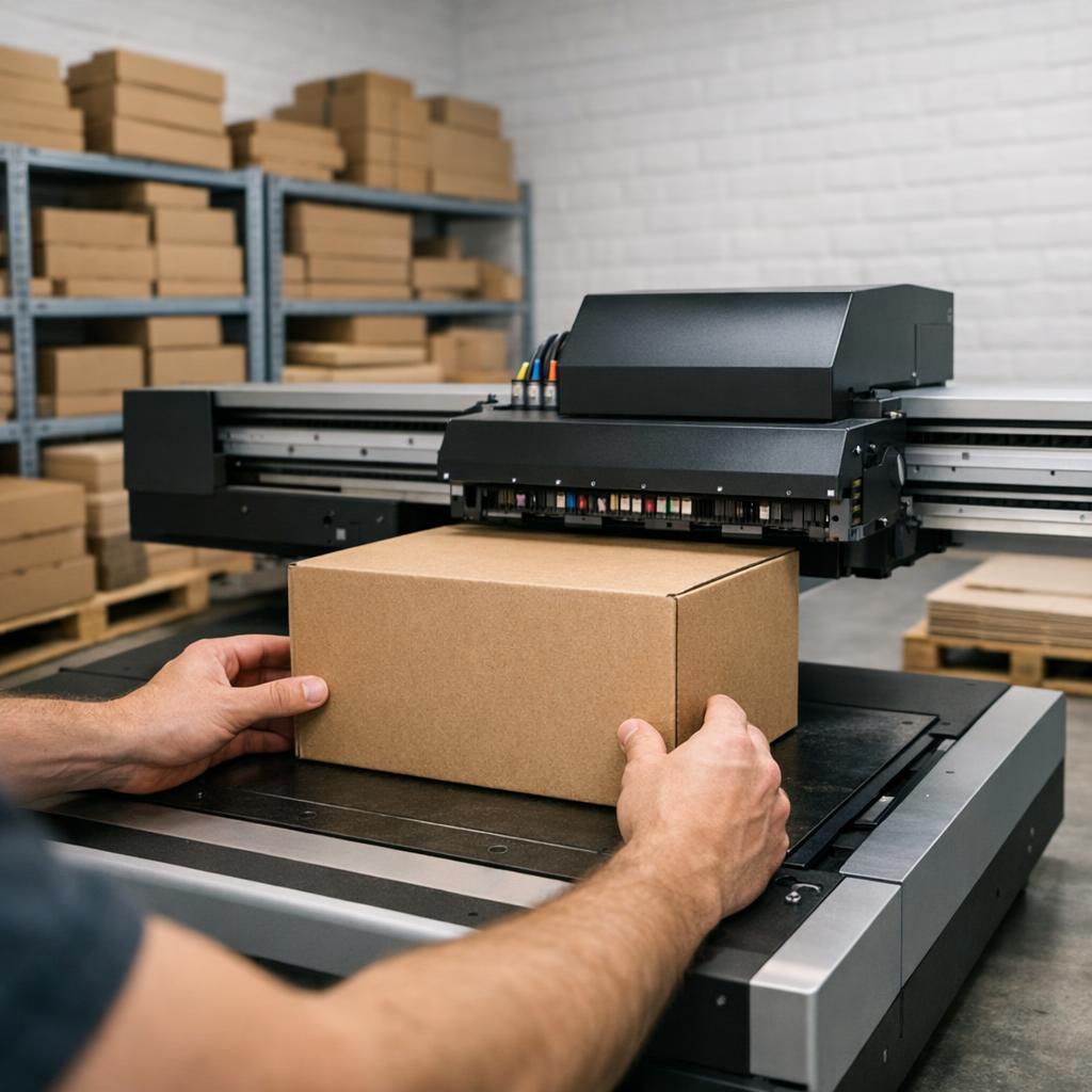 Dozen met logo bedrukken: kartonnen doos wordt in de digitale printer gelegd