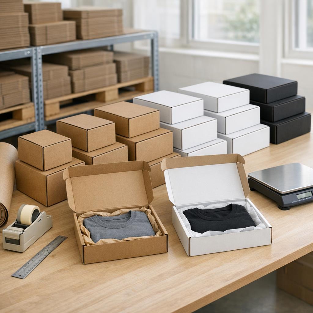 Witte en bruine postdozen met kleding erin verpakt