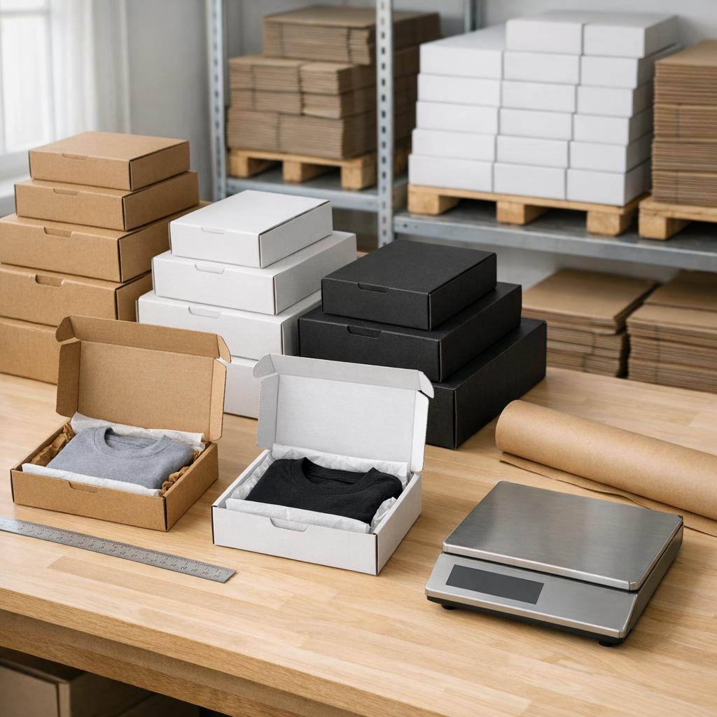 Postdozen in zwart, wit en kraft met weegschaal op de werktafel
