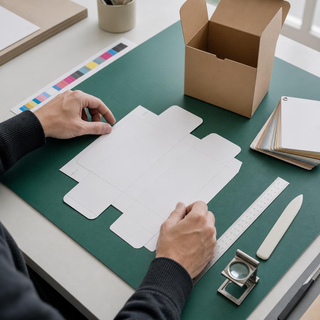 Aanleverspecificaties voor doosbedrukking: uitslag van een doos met kleurstrook en snijlijnen