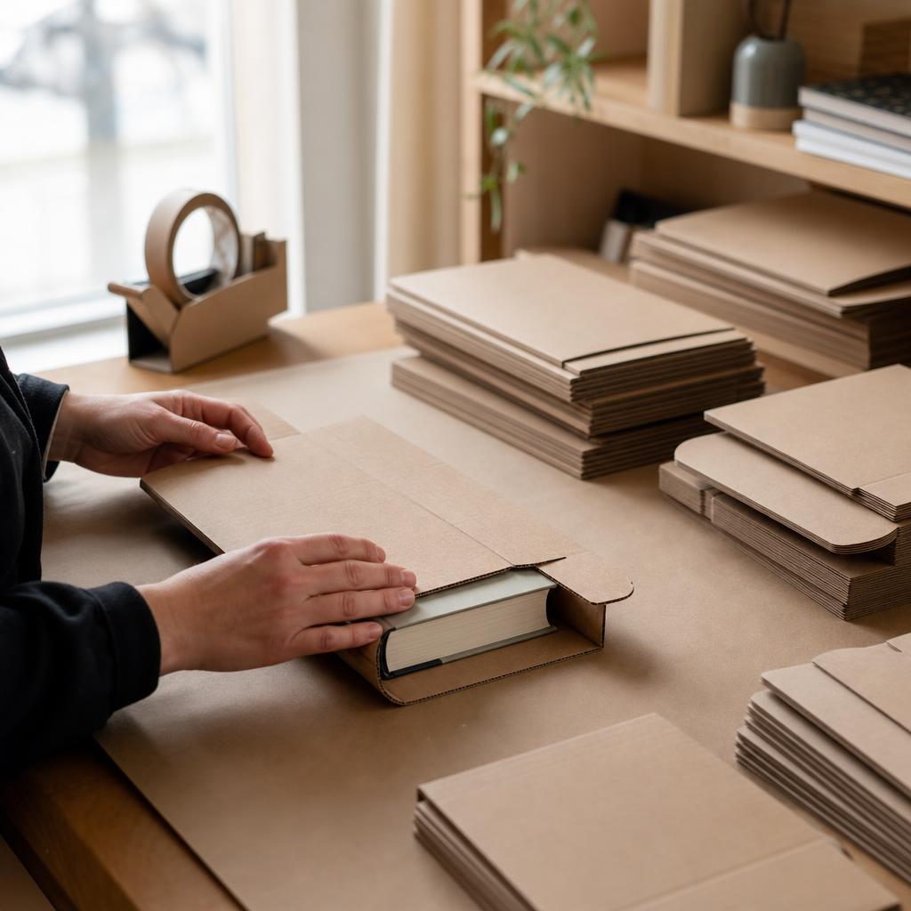 Boekverpakkingen: een boek wordt in een kartonnen boekverpakking gelegd