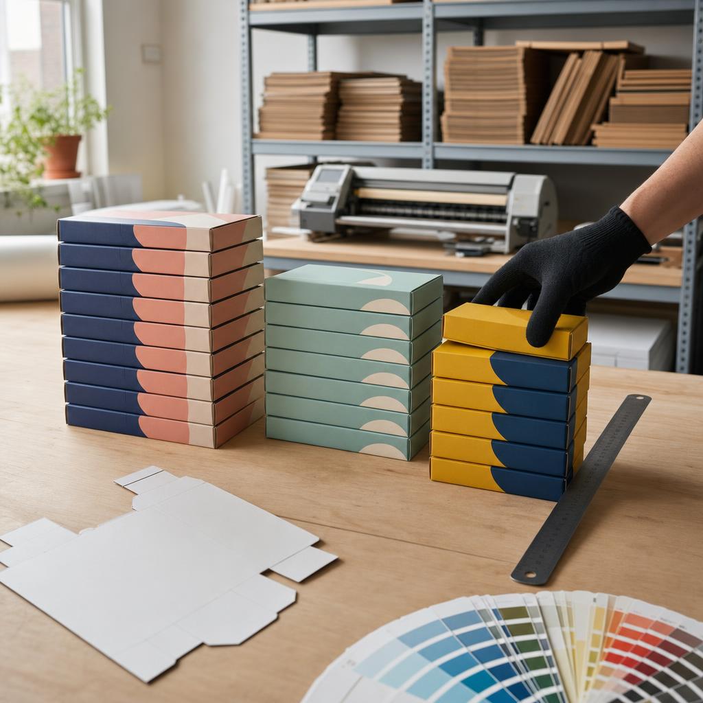 Minimale afname bedrukte dozen: stapels bedrukte dozen in verschillende kleuren