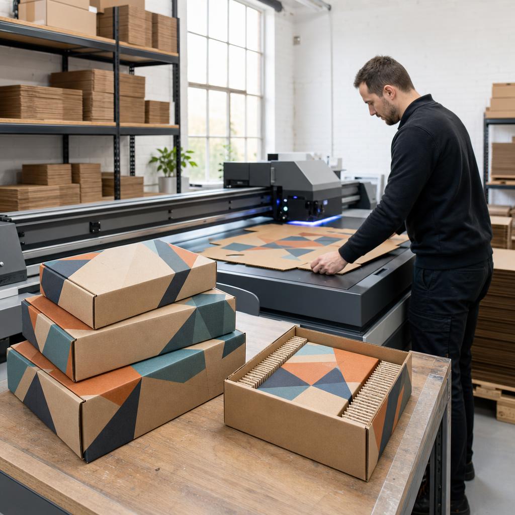 Postdozen bedrukken met de digitale printer in de werkplaats