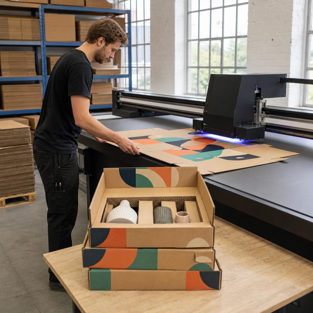 Postdozen bedrukken: bedrukte postdozen met vloeipapier naast de printer