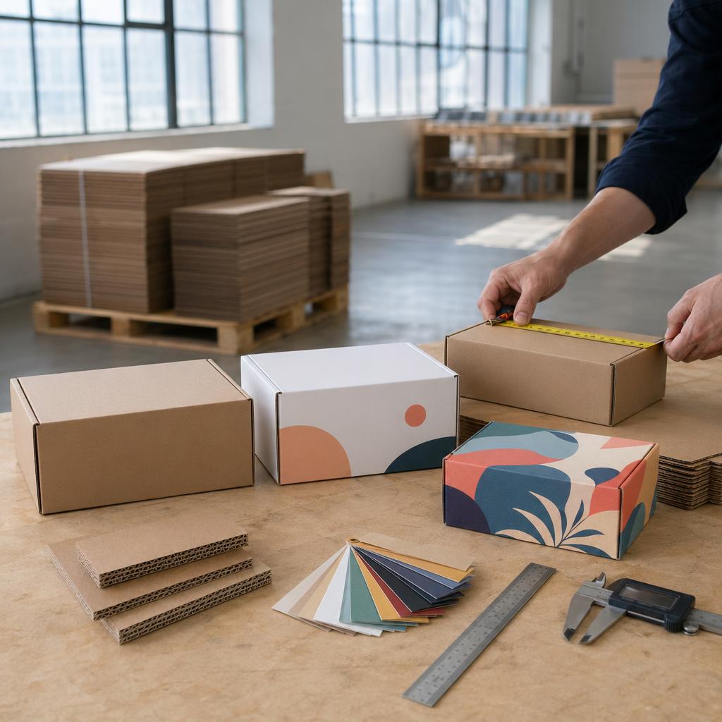 Wat kost dozen bedrukken? Bedrukte dozen met kleurstalen en een ontwerp op de werkbank