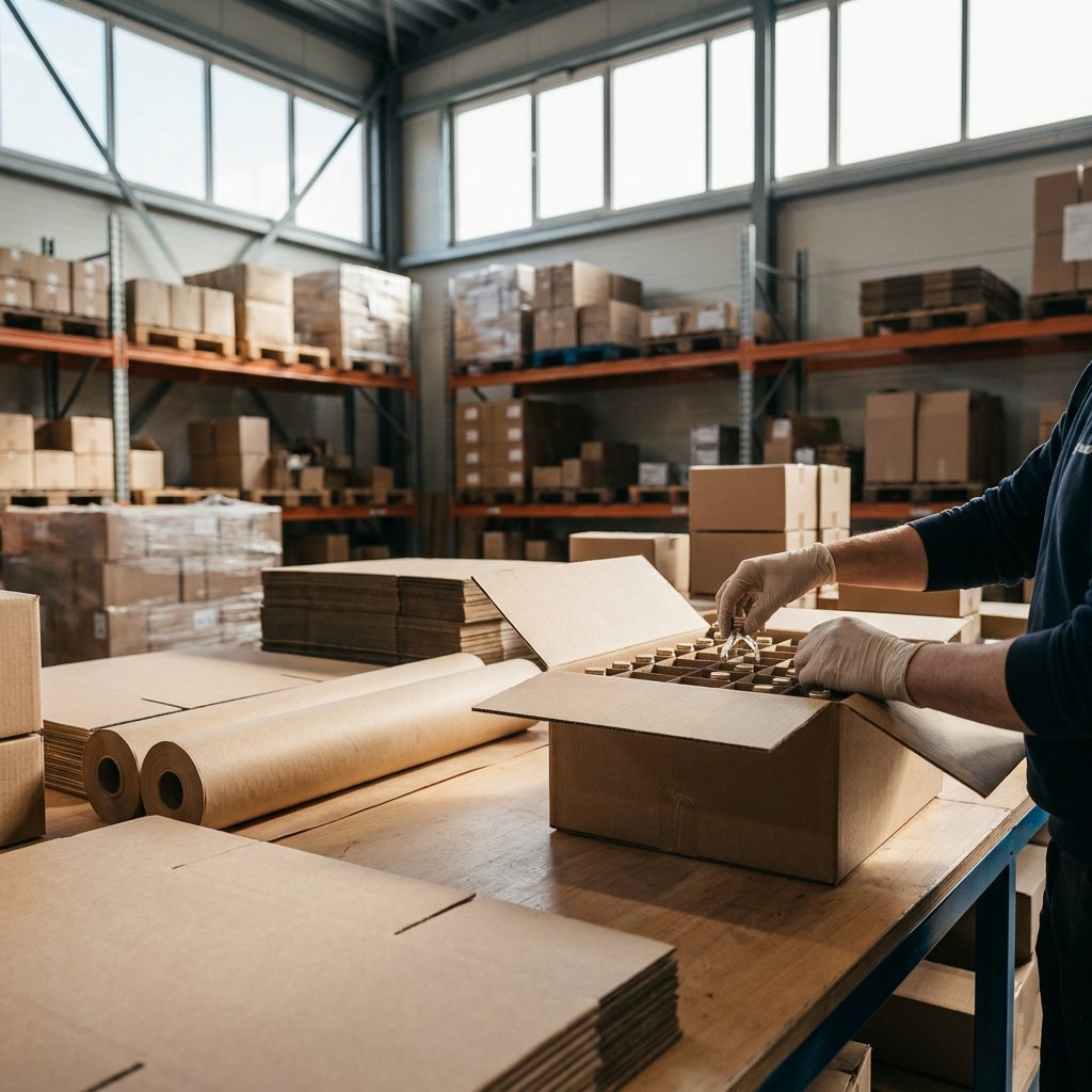 Kartonnen dozen met vakjes op de werkbank in de werkplaats