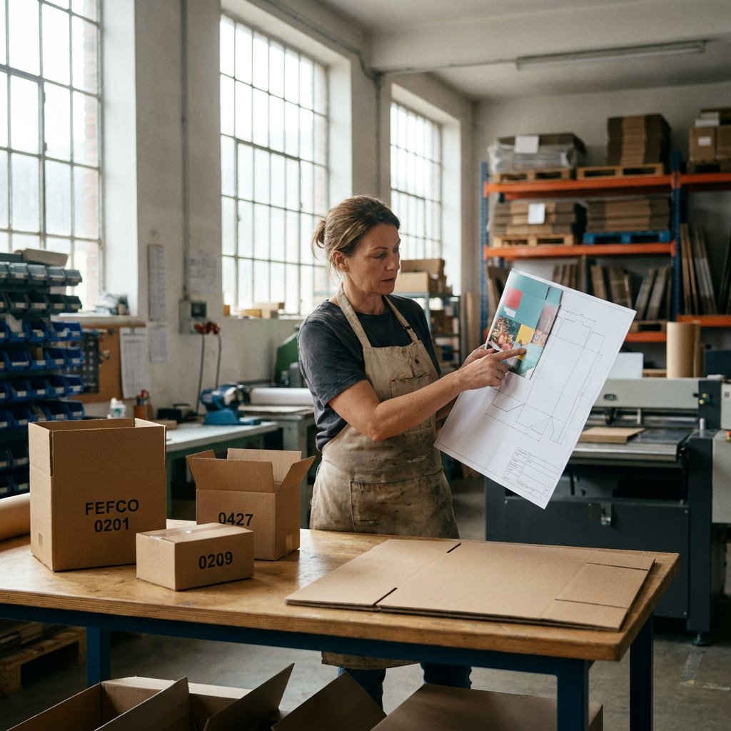 FEFCO codes bedrukte dozen: medewerker controleert een drukproef bij verschillende doosmodellen