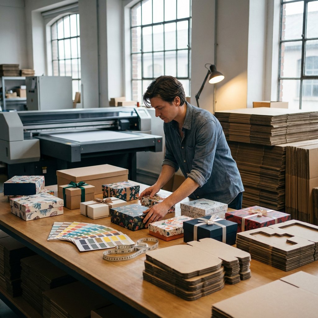 Geschenkdozen bedrukken: verschillende bedrukte ontwerpen op de werktafel