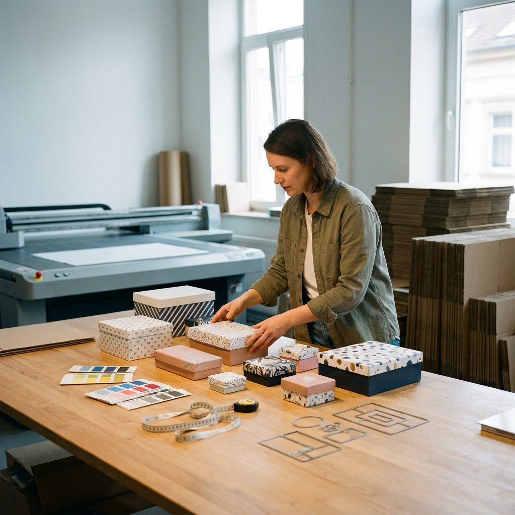 Geschenkdozen bedrukken: medewerker legt bedrukte geschenkdozen klaar