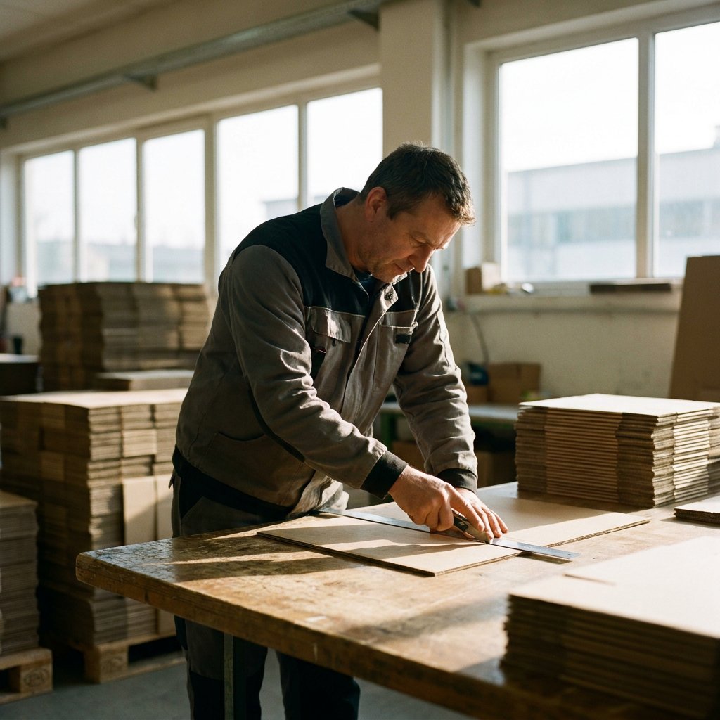 Kartonnen platen op maat gestapeld op de werktafel