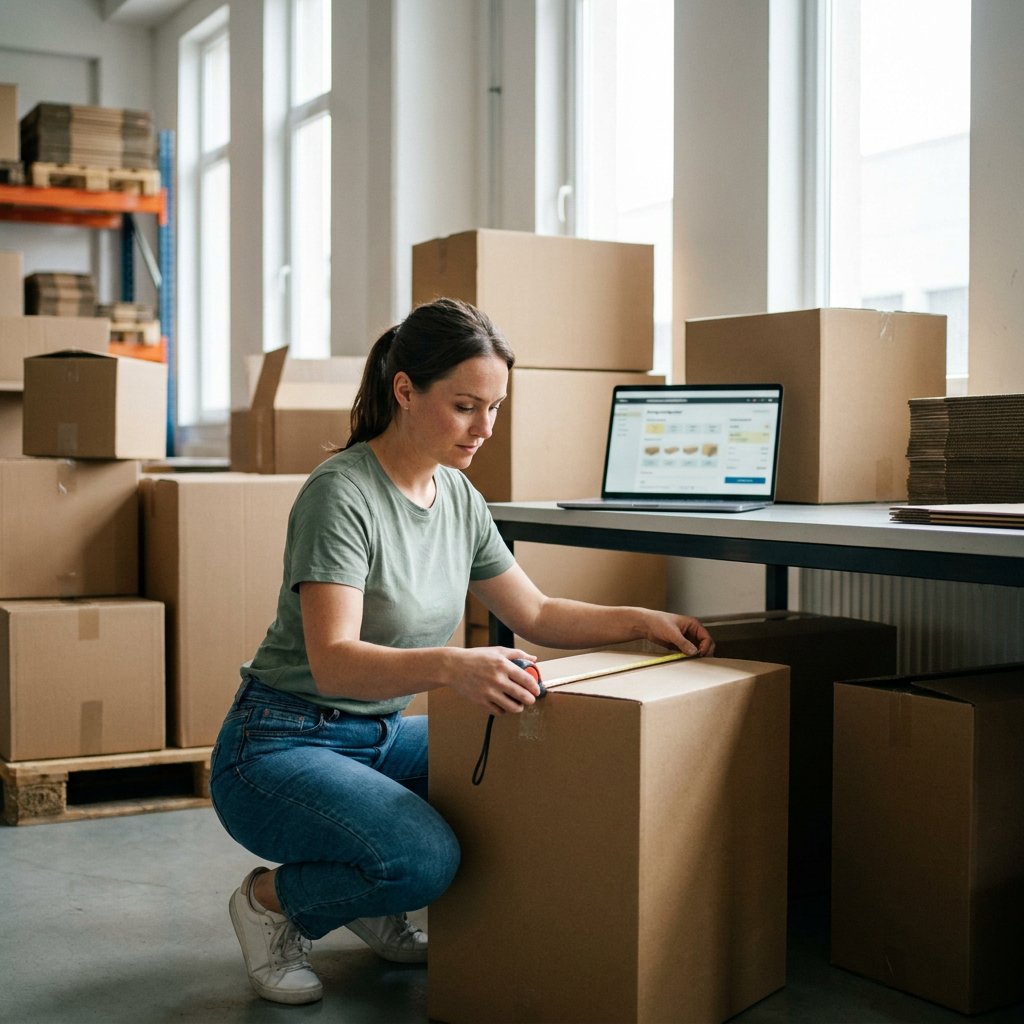 Wat kost een doos op maat? Medewerker meet een kartonnen doos op naast de laptop