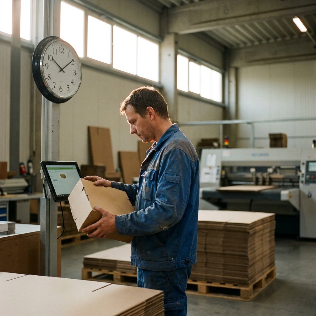 Levertijd dozen op maat: medewerker in de productiehal met de klok in beeld