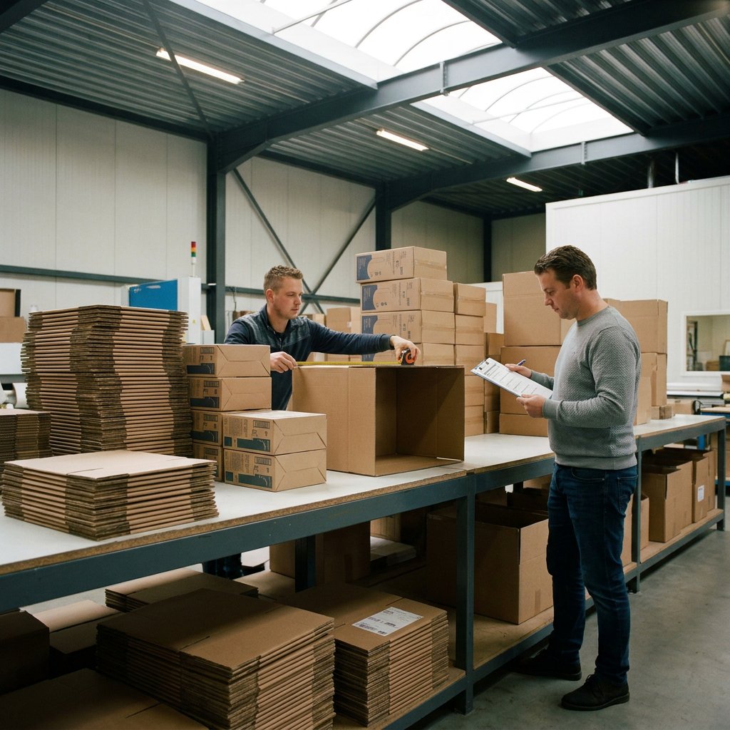 PPWR 2026 en bedrukte verpakkingen: productiehal met stapels kartonnen dozen