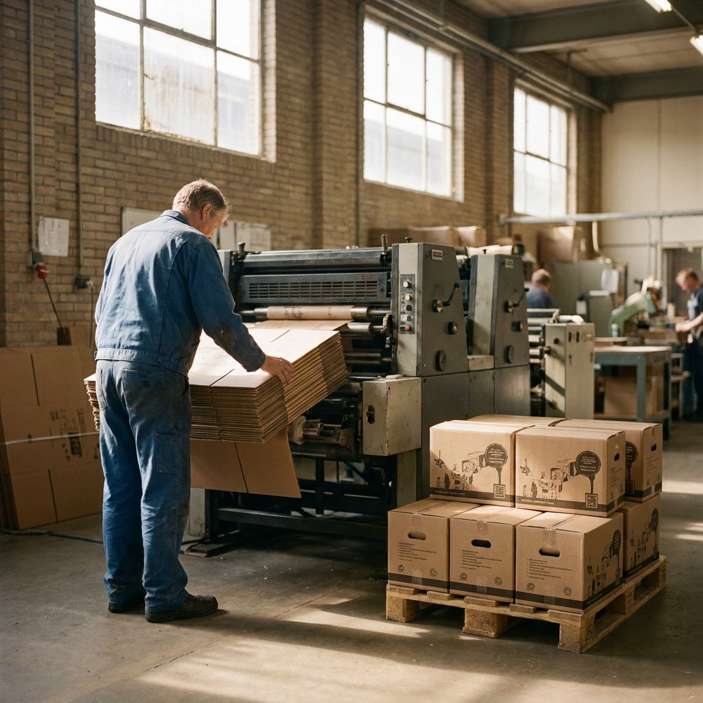 Verhuisdozen bedrukken: bedrukte verhuisdozen op een pallet bij de drukmachine