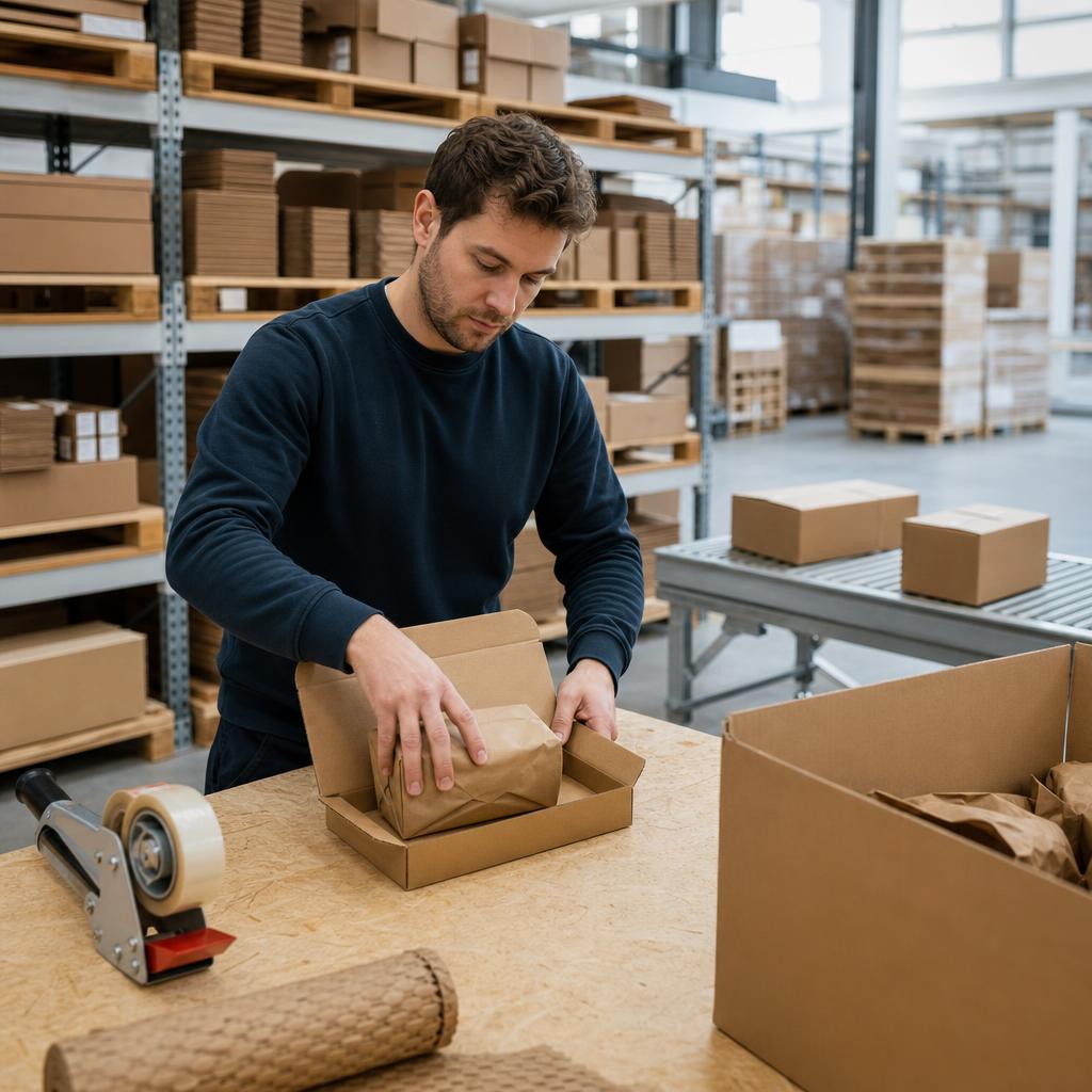 Verzendproces efficiënter: medewerker pakt een bestelling in een passende doos op maat