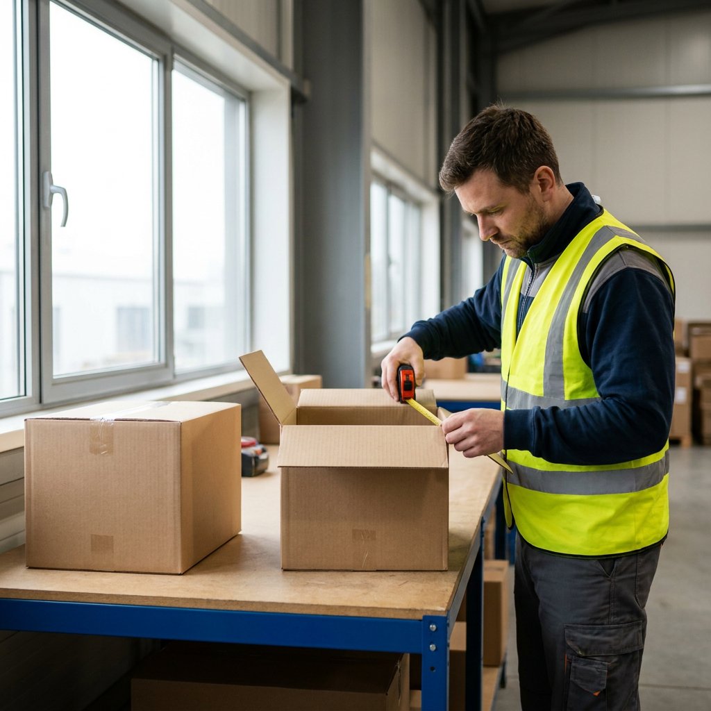 Binnenmaat vs buitenmaat: medewerker meet een kartonnen doos op