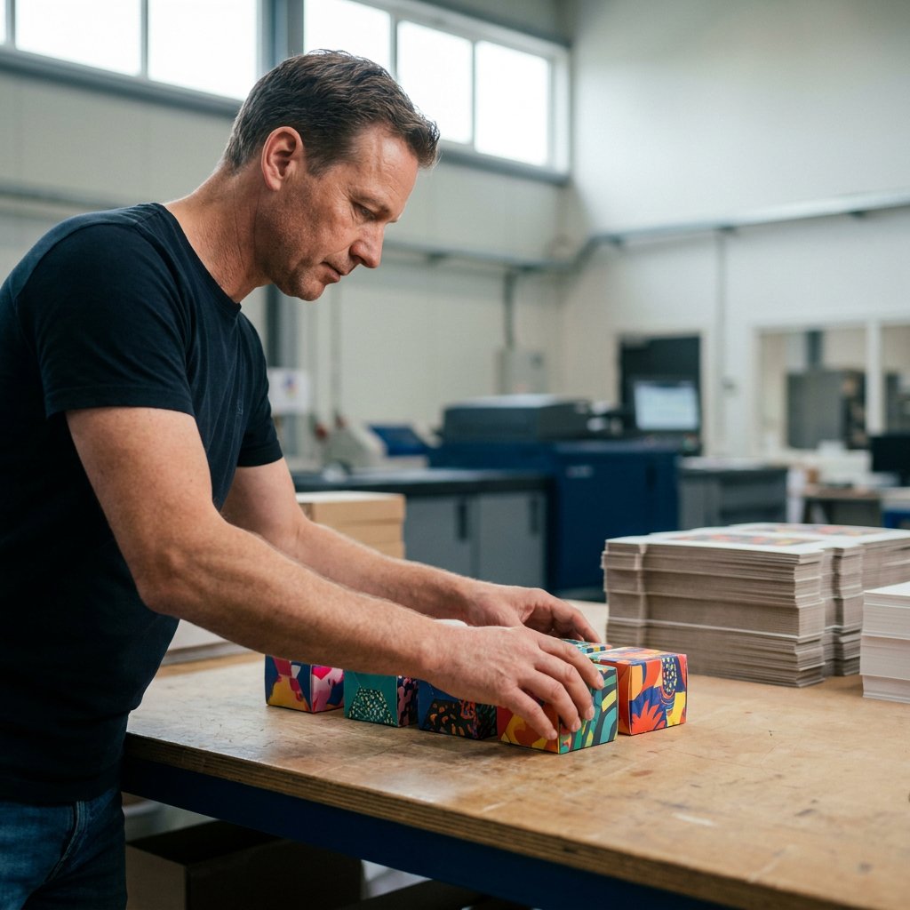 Doosjes laten bedrukken: medewerker houdt een bedrukt doosje vast
