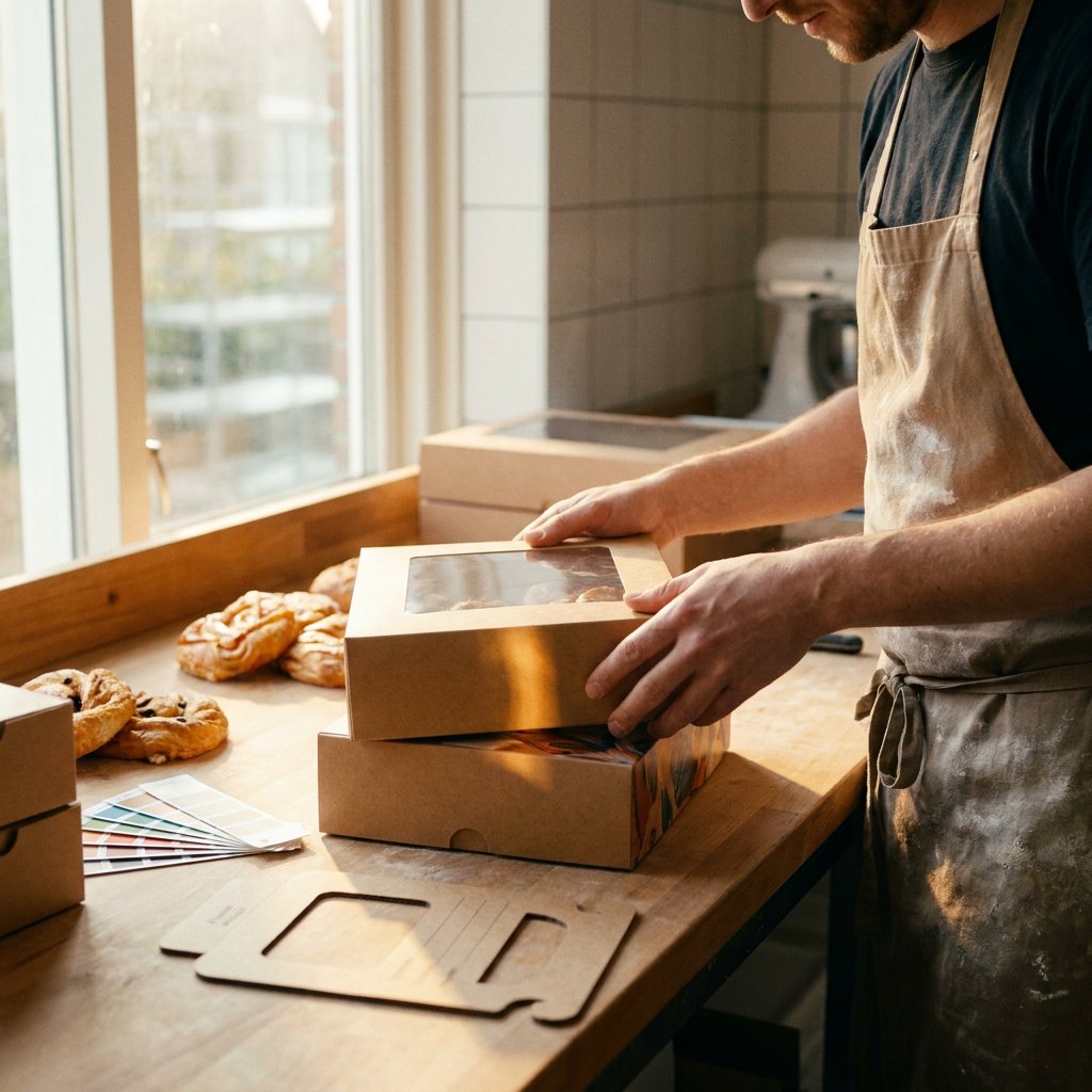 Gebaksdozen bedrukken: bedrukte gebaksdoos met gebak erin