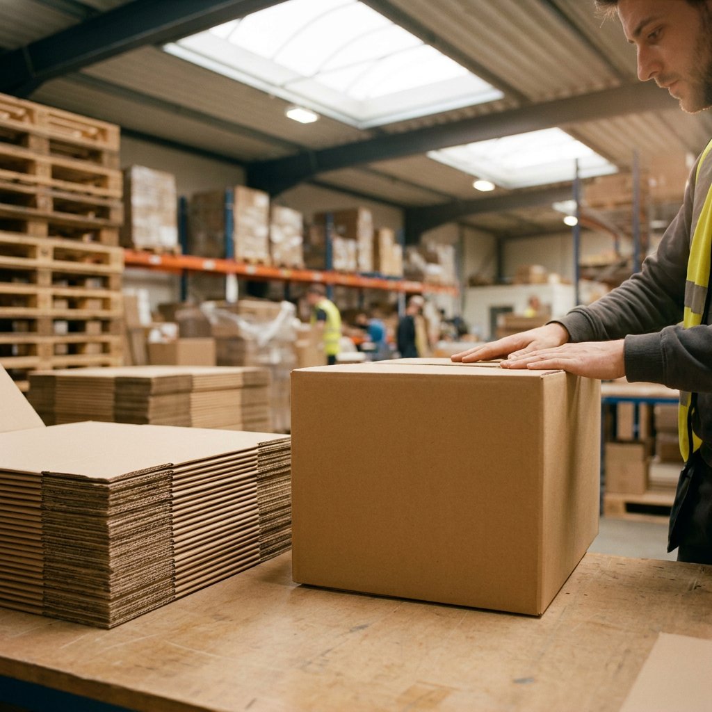Kraft karton: stevige bruine dozen en gestapelde kartonvellen in de werkplaats