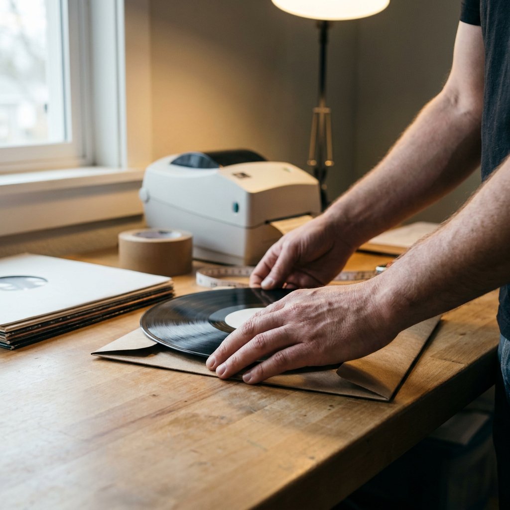 Vinylplaat wordt in een van de LP verzenddozen gelegd