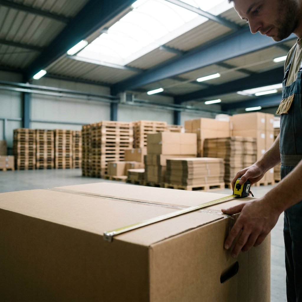 Palletdozen op maat: grote kartonnen palletdoos wordt opgemeten