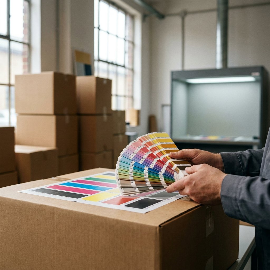 PMS vs CMYK op karton: kleurenwaaier naast een bedrukte kartonnen doos