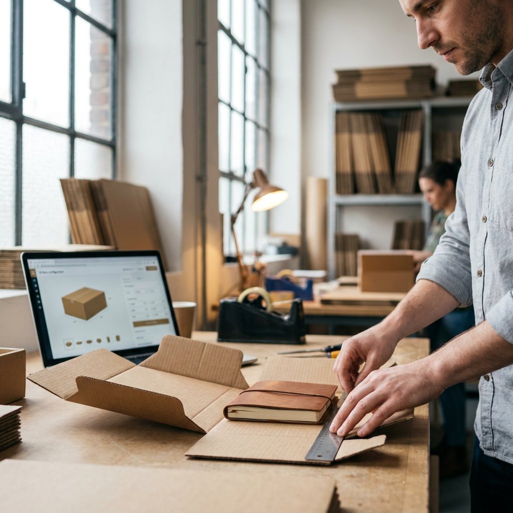 Medewerker zet stansdozen in elkaar naast de laptop
