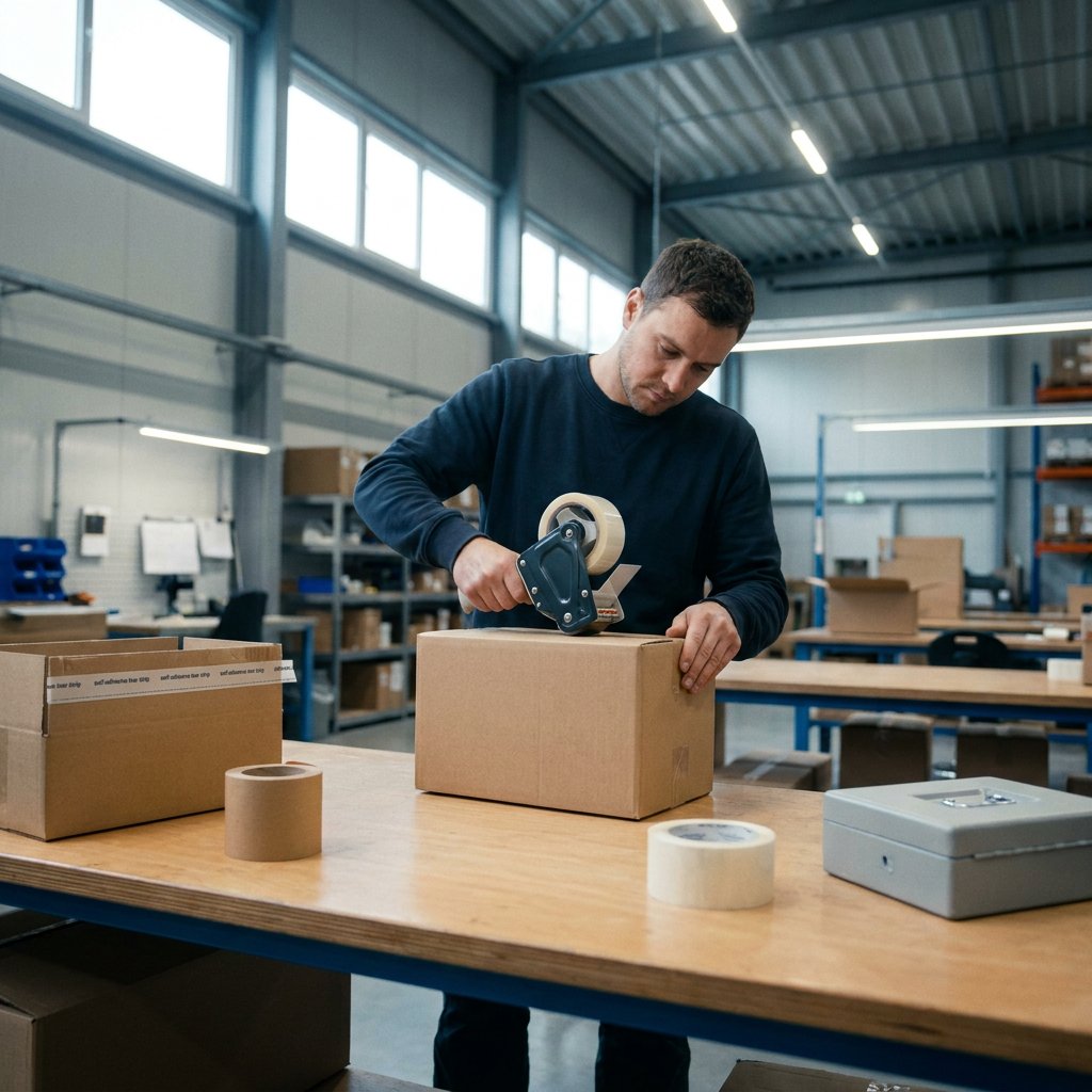 Tape en sluitmethodes: medewerker sluit een kartonnen doos met een tapedispenser