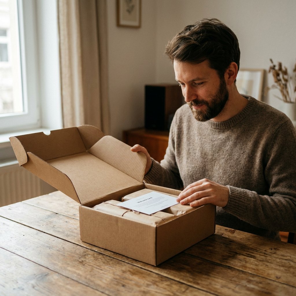 Unboxing ervaring: klant opent een kartonnen doos met een netjes verpakt product