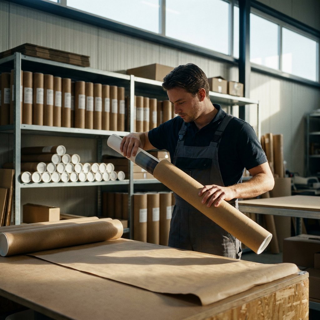 Medewerker houdt een van de verzendkokers vast in de werkplaats