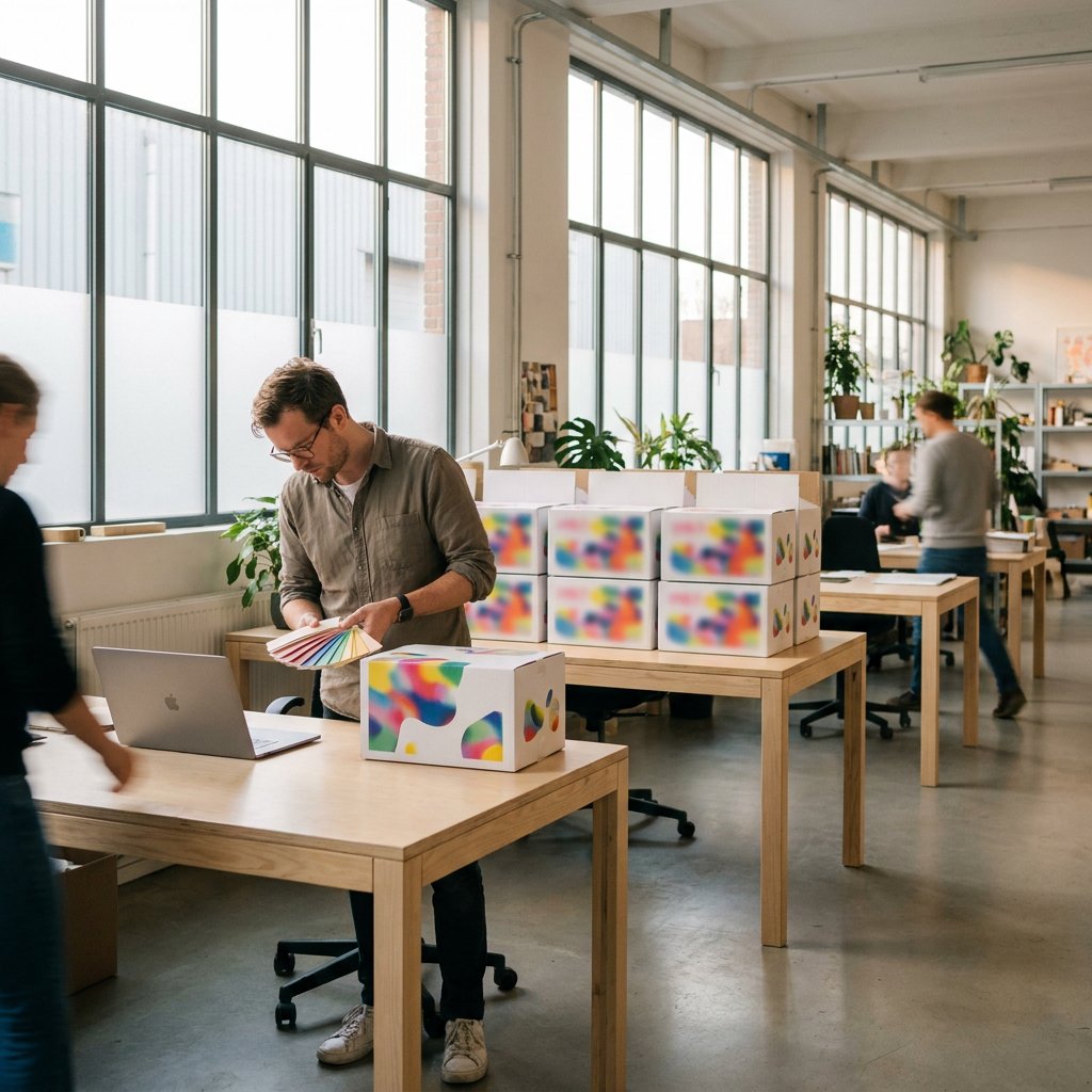 Witte dozen bedrukken: bedrukte dozen op de werktafel