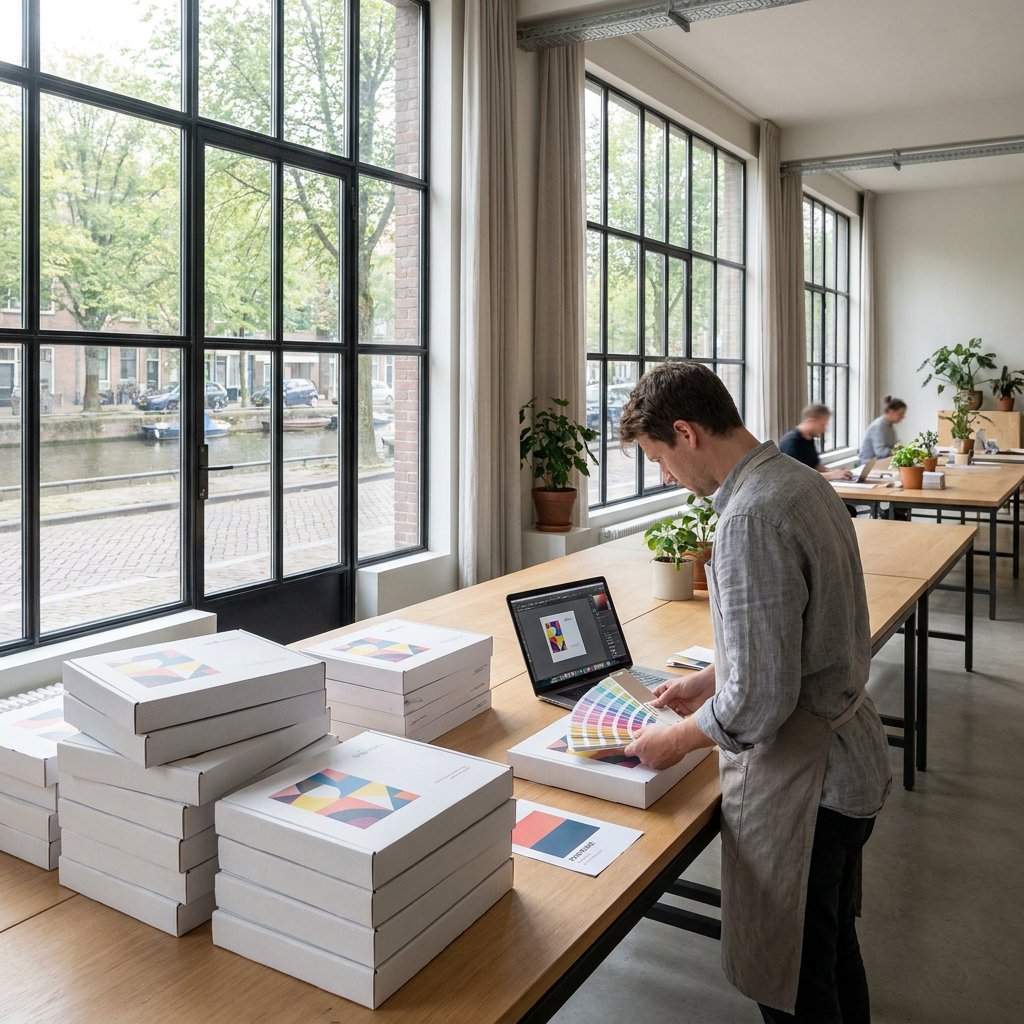 Witte dozen bedrukken: stapels bedrukte witte dozen in de werkplaats