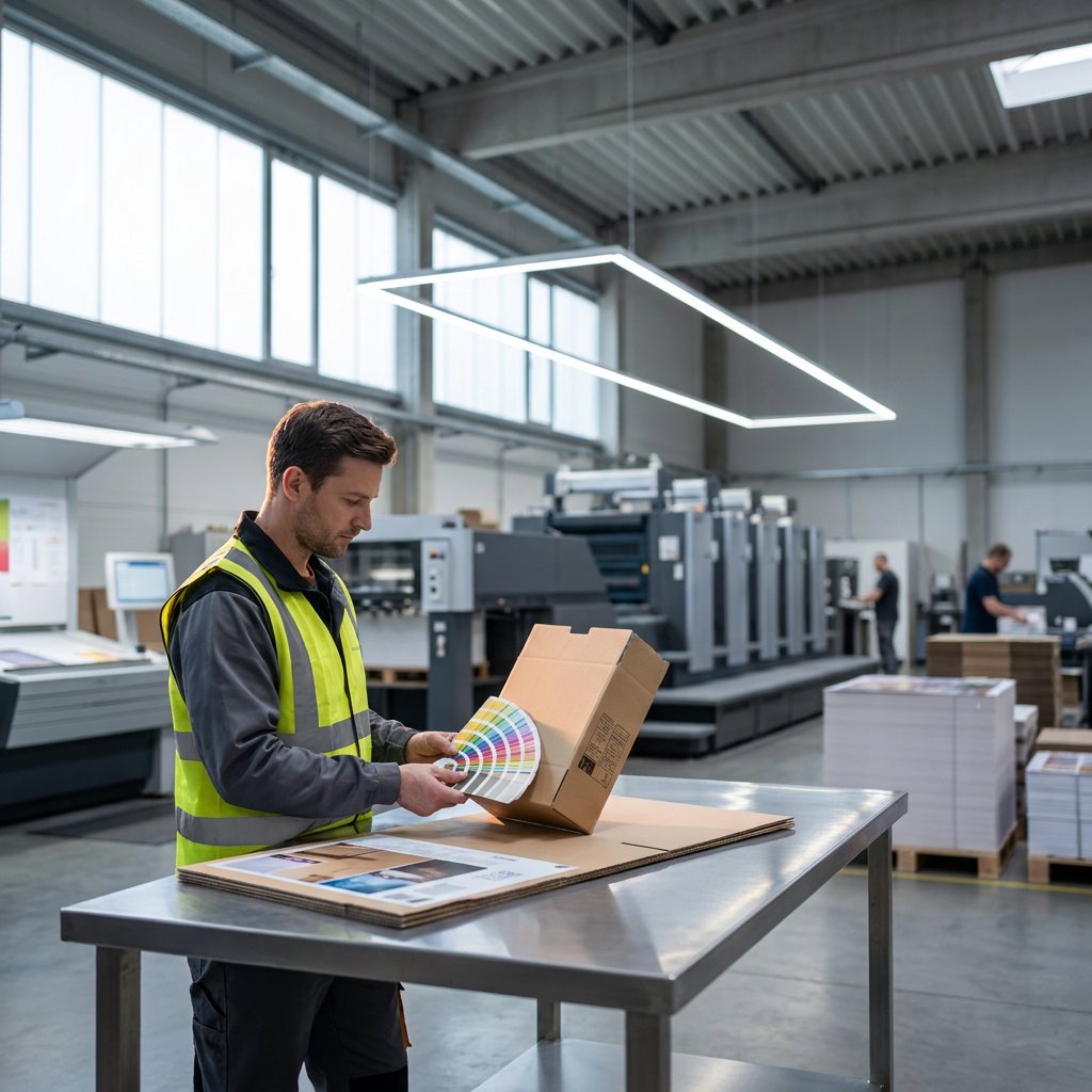 Druktechnieken op karton: medewerker bekijkt een bedrukt kartonvel bij de drukpers
