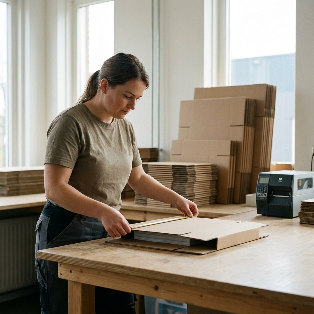 Platte verzenddozen op maat worden gevouwen op de werktafel