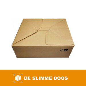 Autolock verzenddoos 230 x 160 x 80 mm van bruin golfkarton, gesloten, bovenaanzicht met de in elkaar gevouwen kleppen