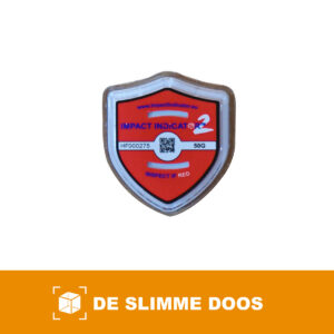 Schokindicator (Impact Indicator): rood schildvormig label dat verkleurt bij een harde klap